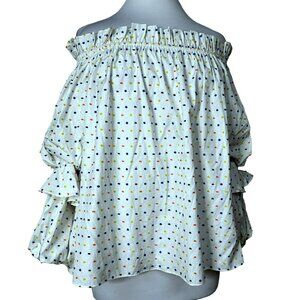 Caroline Constas CABANA Off The Shoulder Swiss Dot Ruffled Sleeves Blouse L NWT
